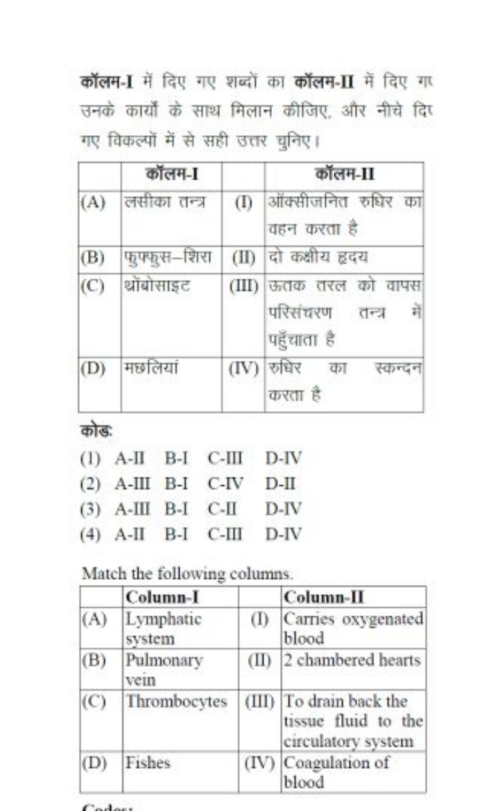 कॉलम-I में दिए गए शब्दों का कॉलम-II में दिए गा उनके कायों के साथ मिलान