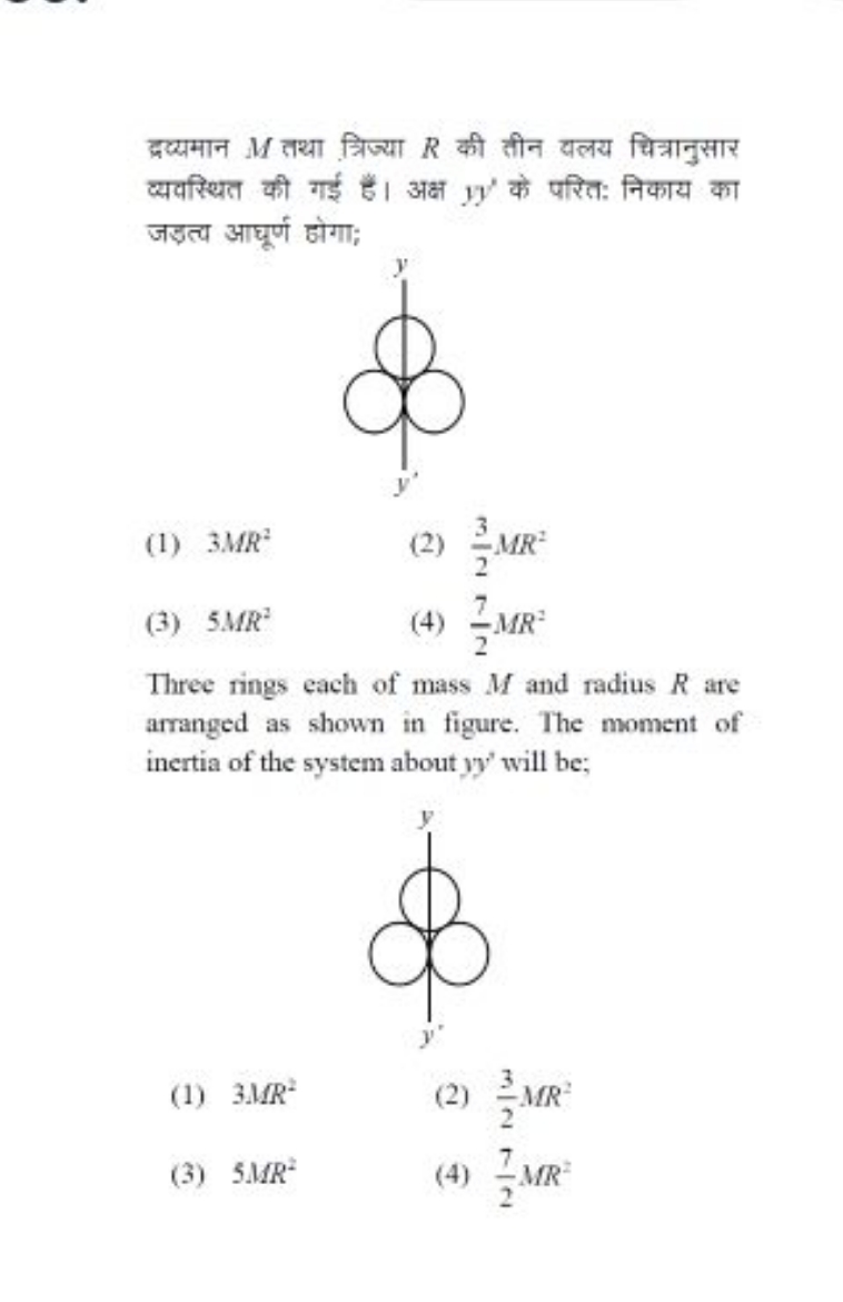द्रव्यमान M तथा त्रिज्या R की तीन वलय चित्रानुसार व्यवस्थित की गई है। 