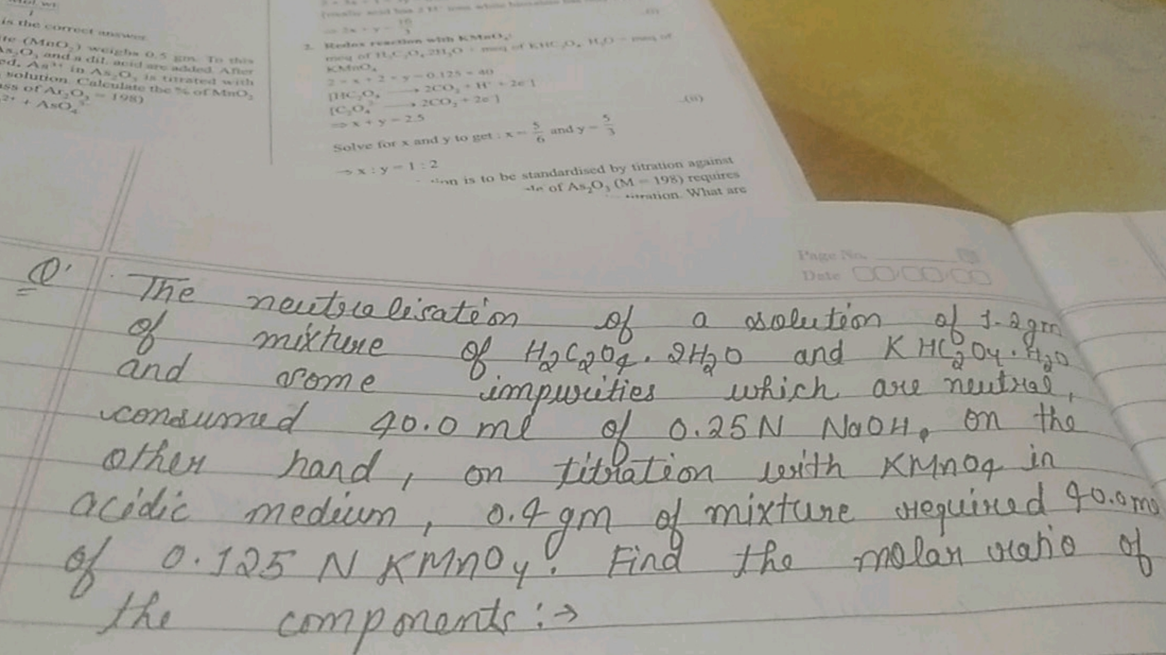 Q. The neutralisation of a solution of 1.2 gm of mixture of H2​C2​O4​.