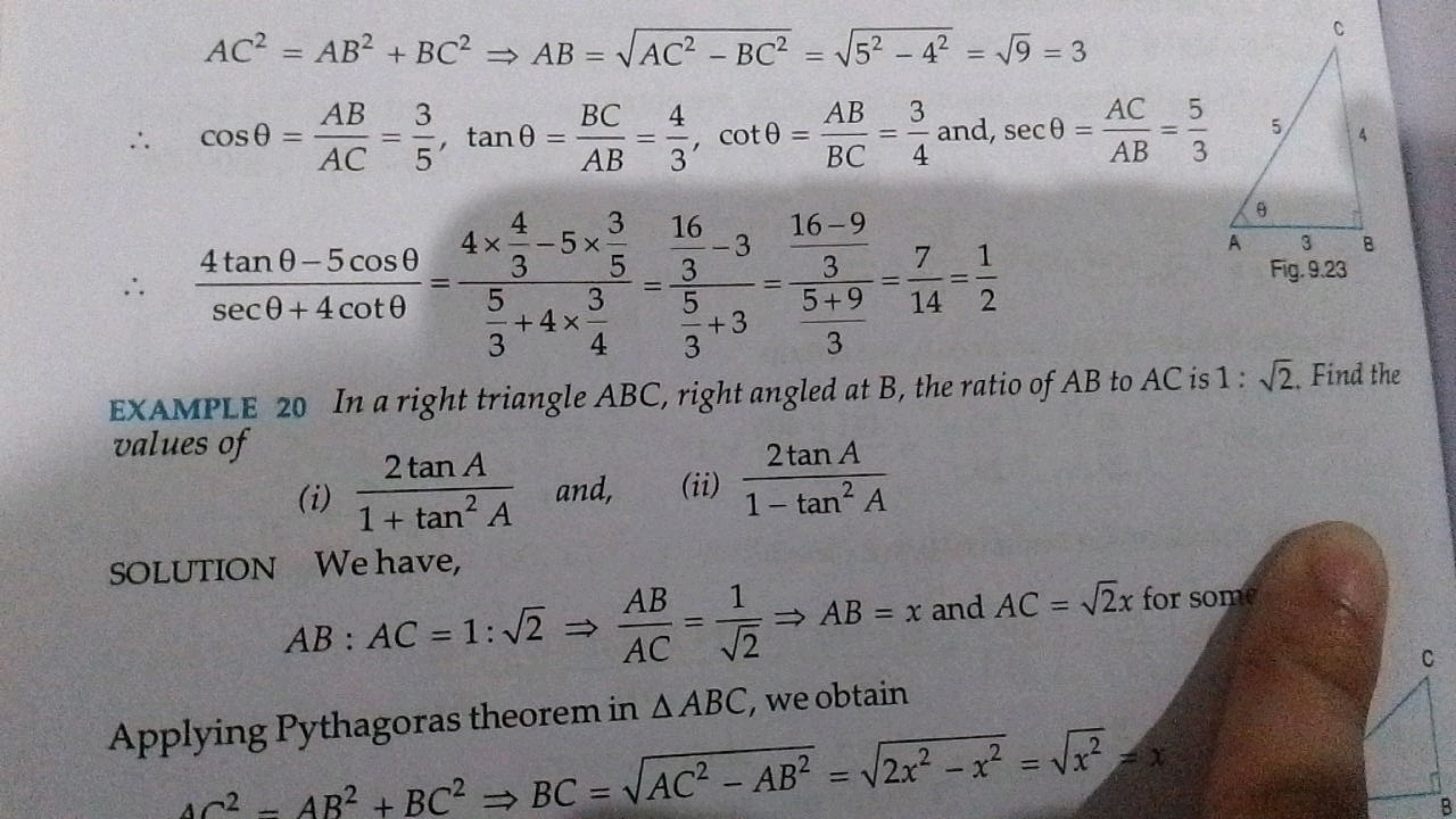 AC2=AB2+BC2⇒AB=AC2−BC2​=52−42​=9​=3∴cosθ=ACAB​=53​,tanθ=ABBC​=34​,cotθ