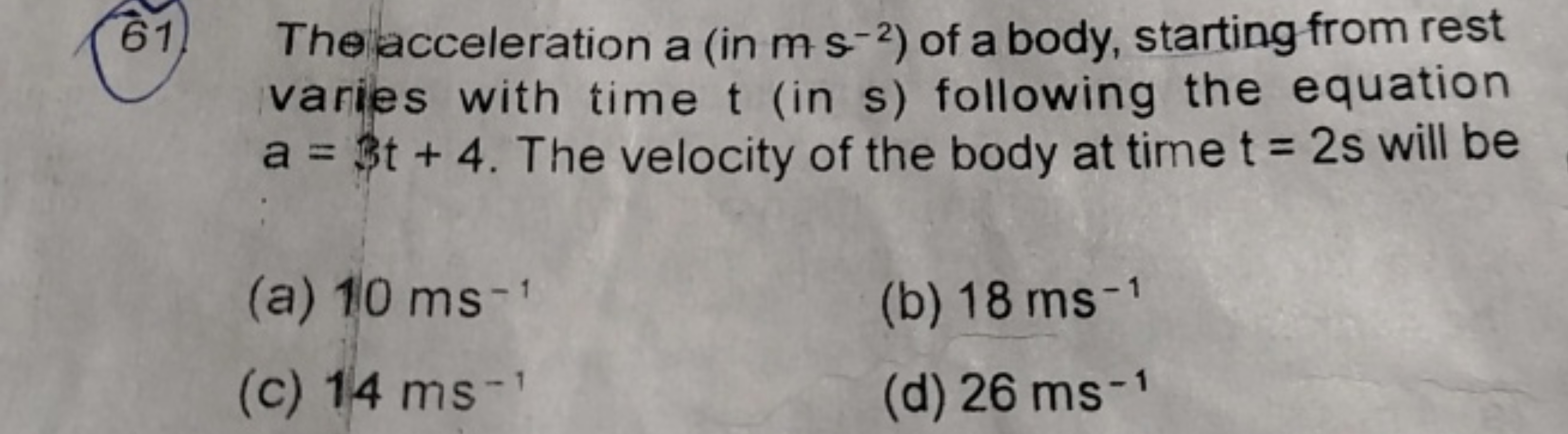 61. The acceleration a (in ms−2 ) of a body, starting from rest varies