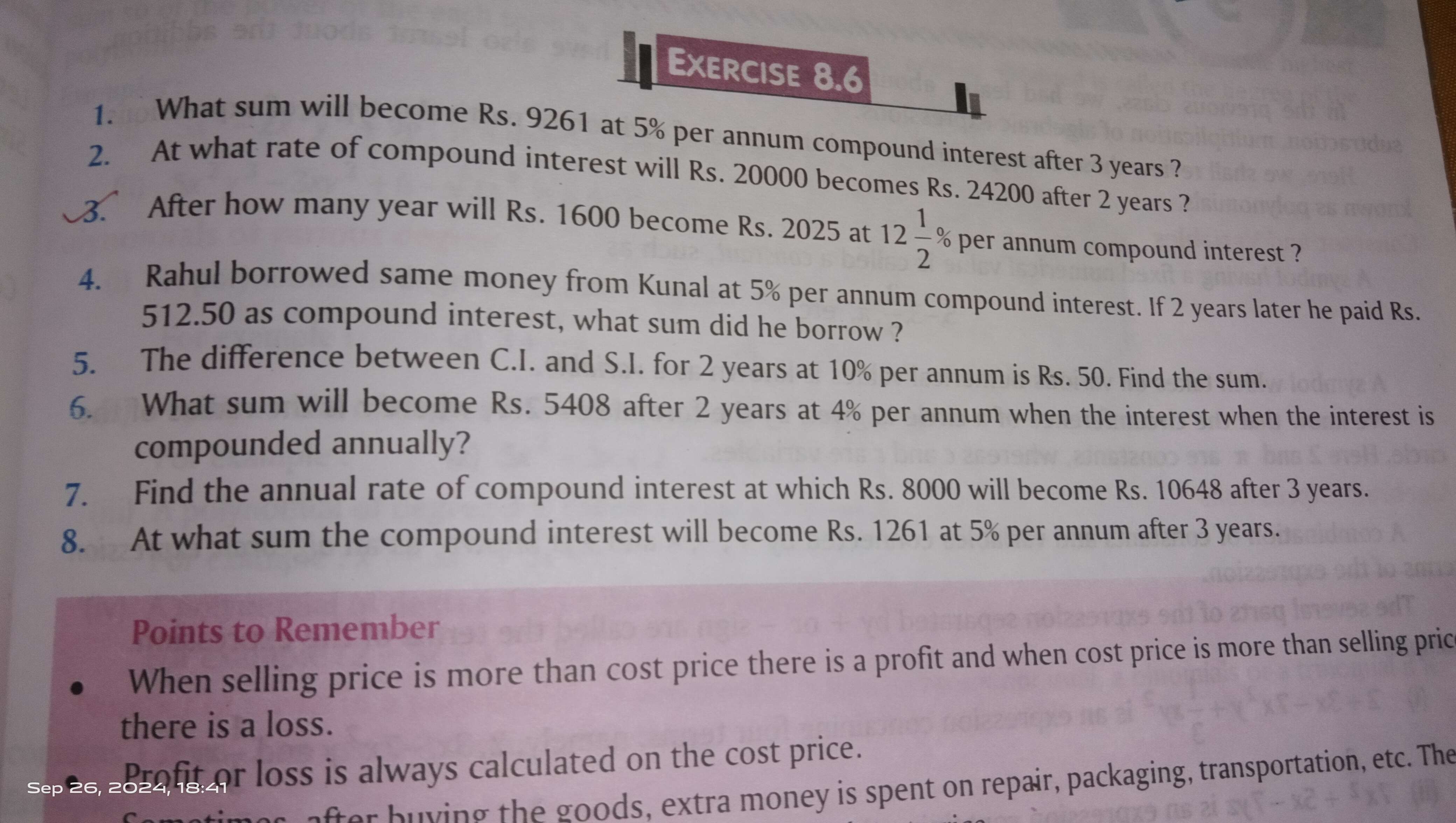 Quods imsel
EXERCISE 8.6
1. What sum will become Rs. 9261 at 5% per an