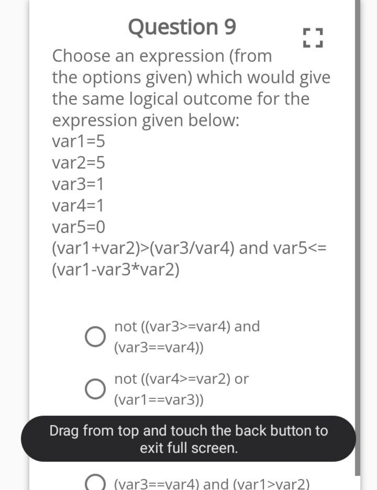 Question 9
「7

Choose an expression (from
■」
the options given) which 