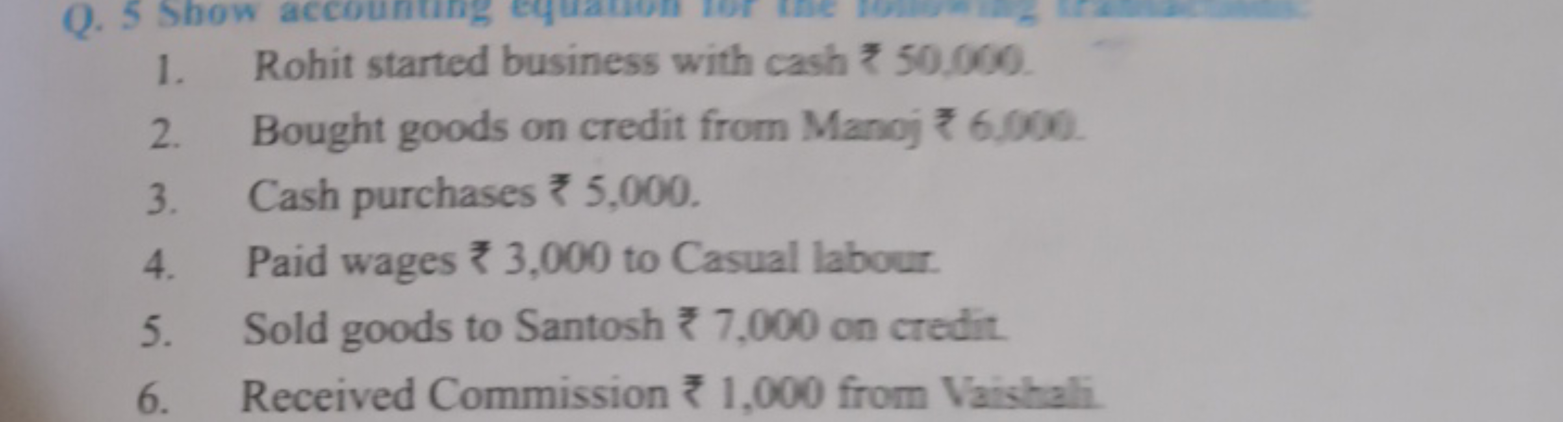 1. Rohit started business with cash ₹50,000.
2. Bought goods on credit