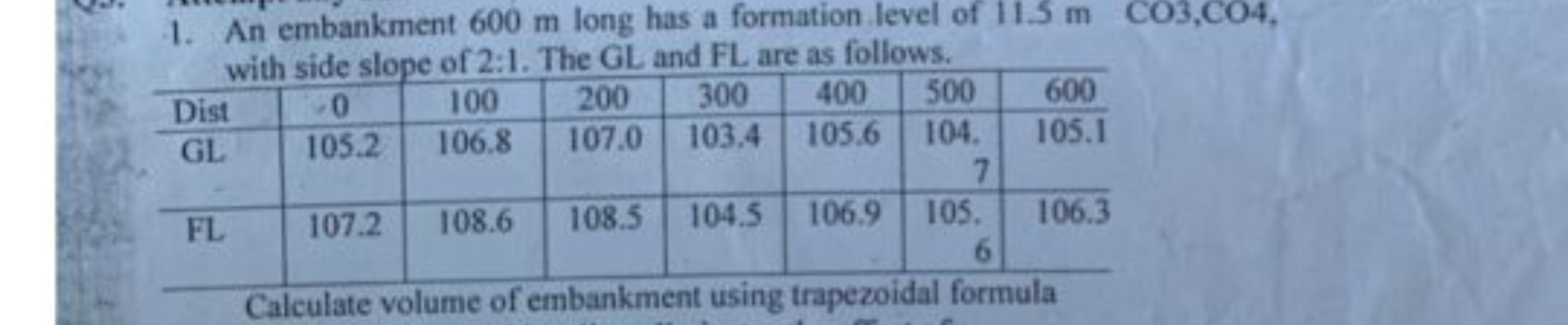 1. An embankment 600 m long has a formation level of 11.5 mCO3,CO4, wi