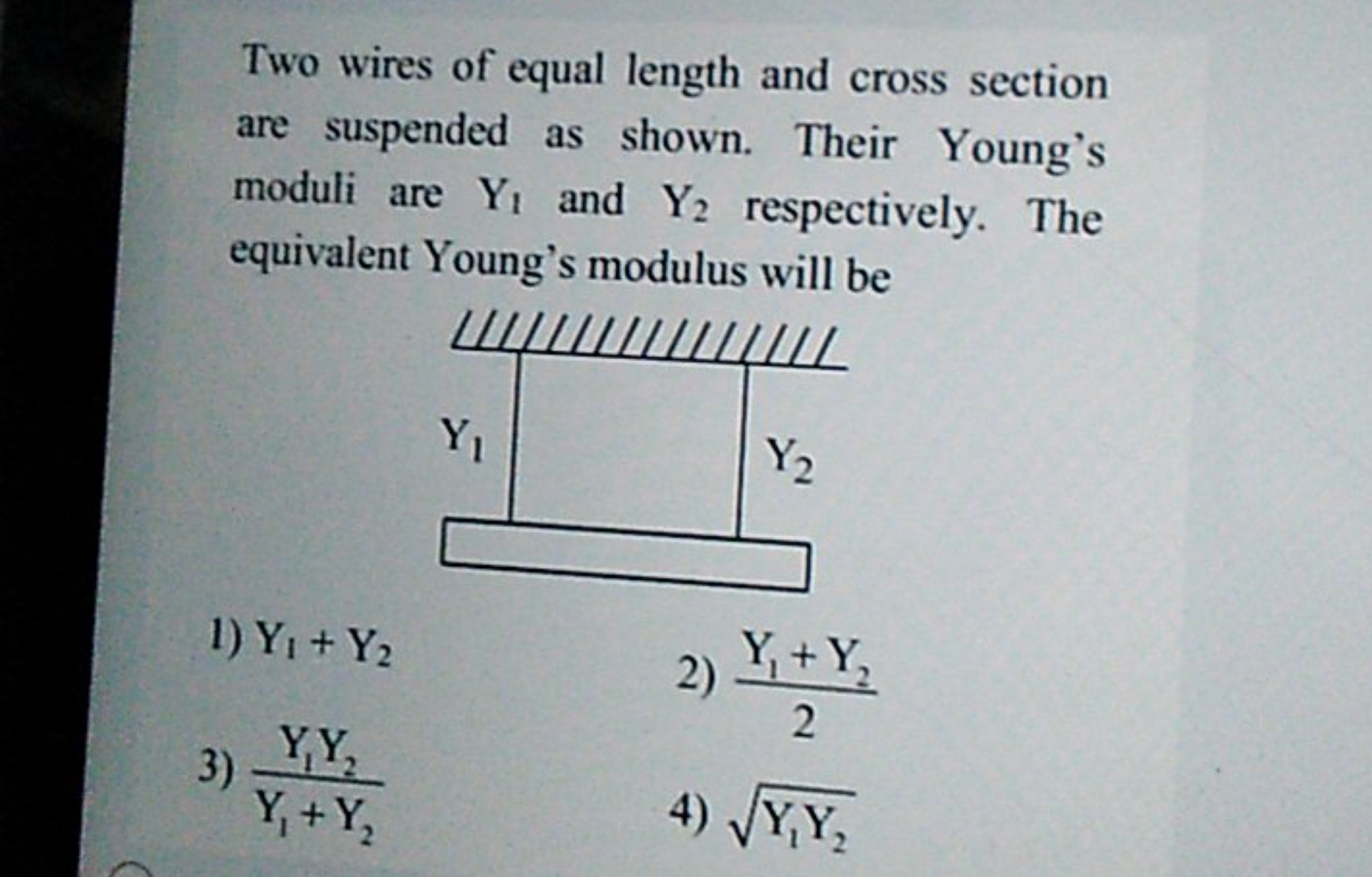 Two wires of equal length and cross section are suspended as shown. Th