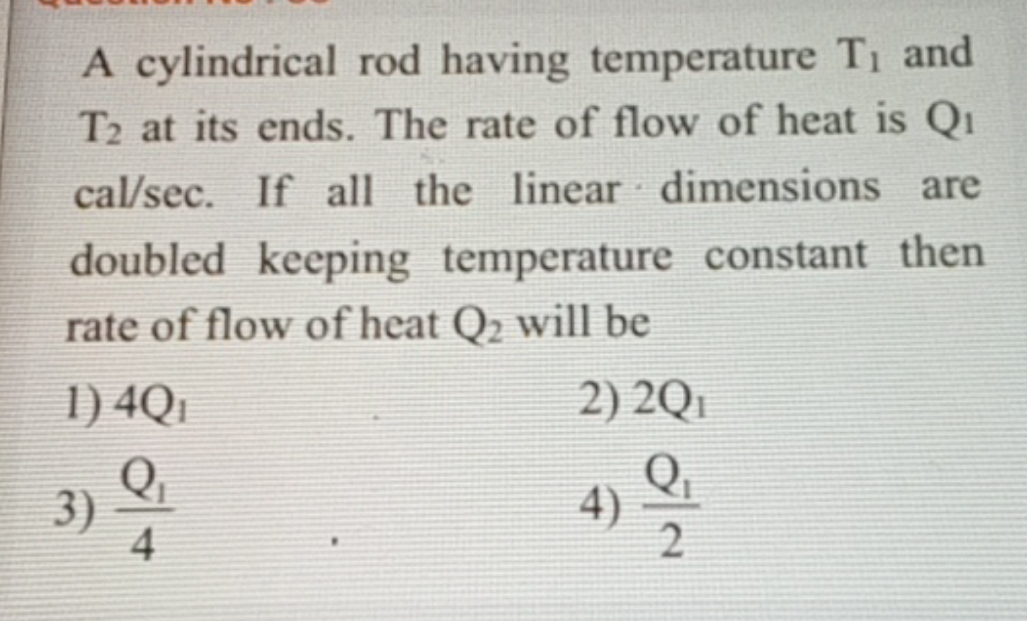 A cylindrical rod having temperature T1​ and T2​ at its ends. The rate