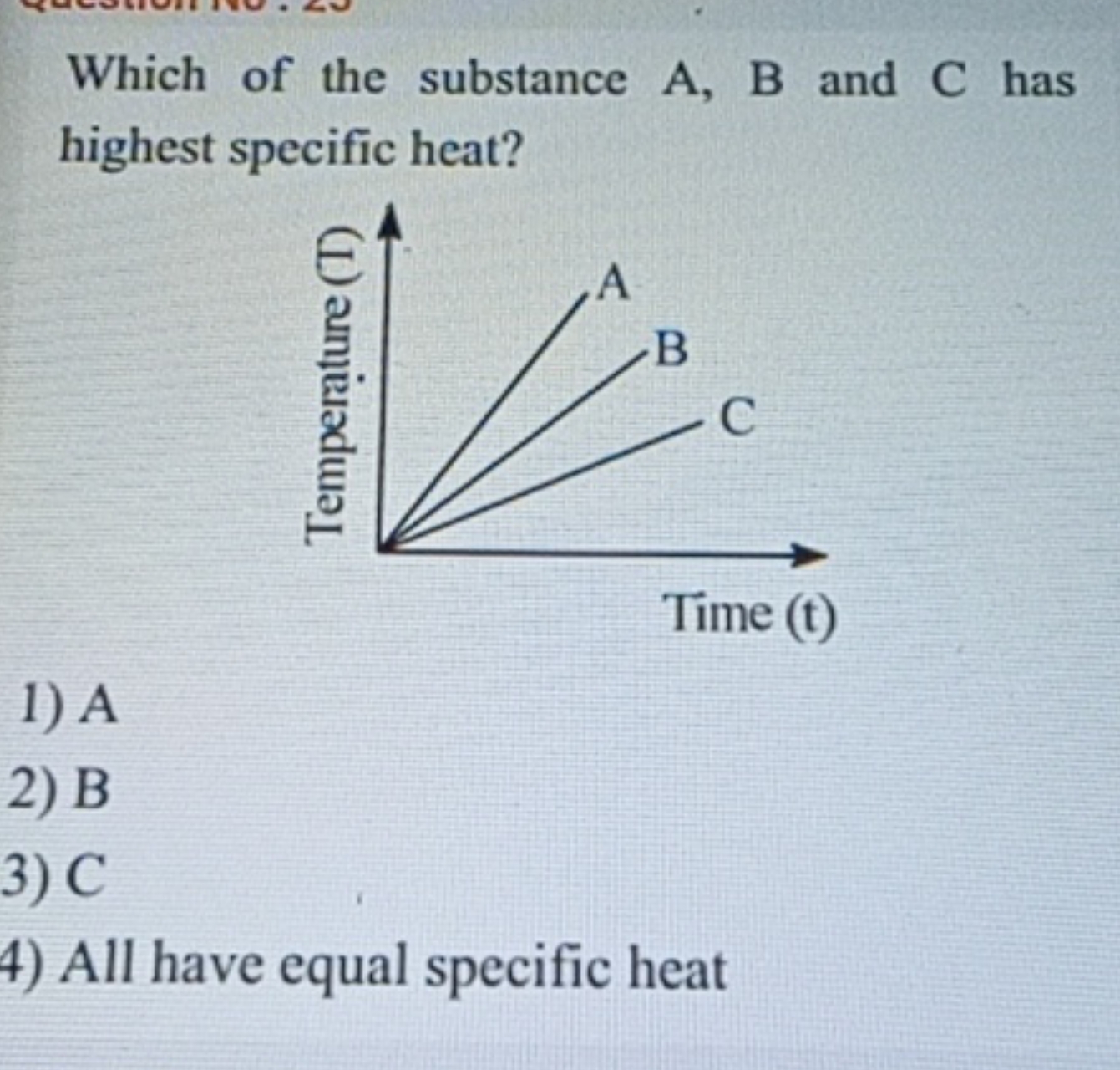 Which of the substance A, B and C has highest specific heat?
1) A
2) B