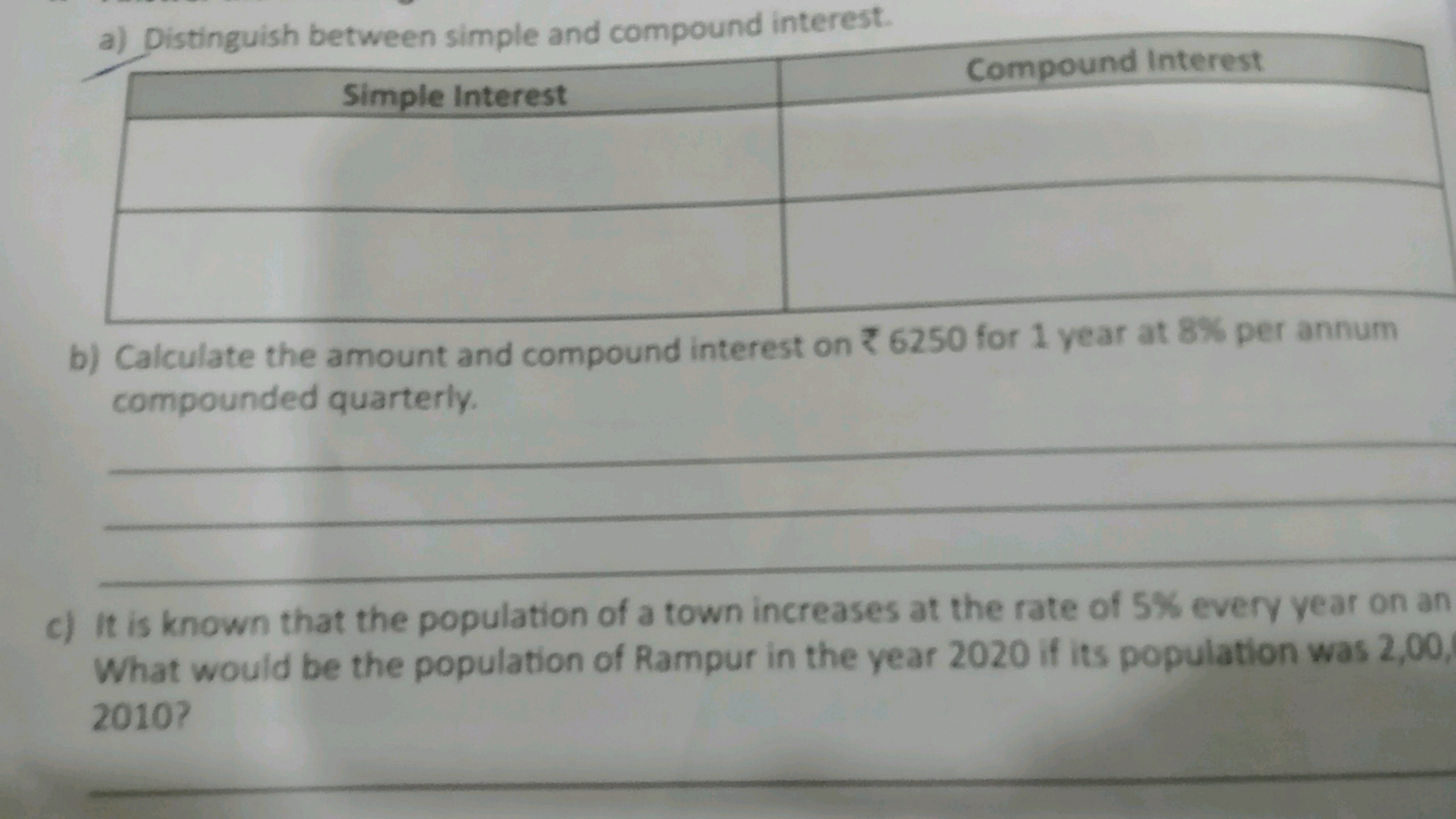 a) Distinguish between simple and compound interest.
\begin{tabular} {