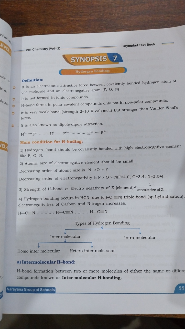 VIII -Chemistry (Vol-2)
Olympiad Text Book
SYNOPSTS 7
Hydorgen bonding