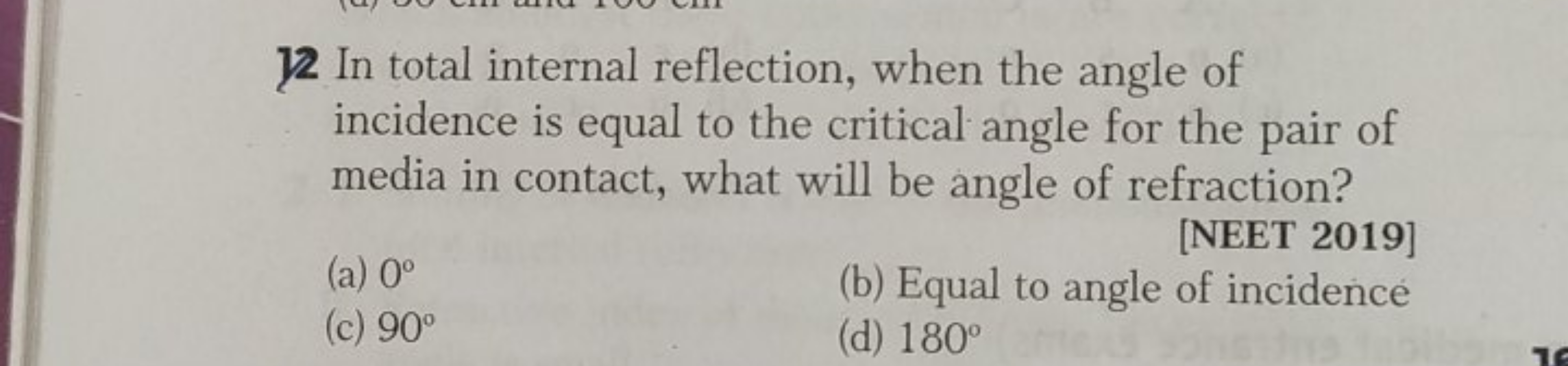 12 In total internal reflection, when the angle of incidence is equal 