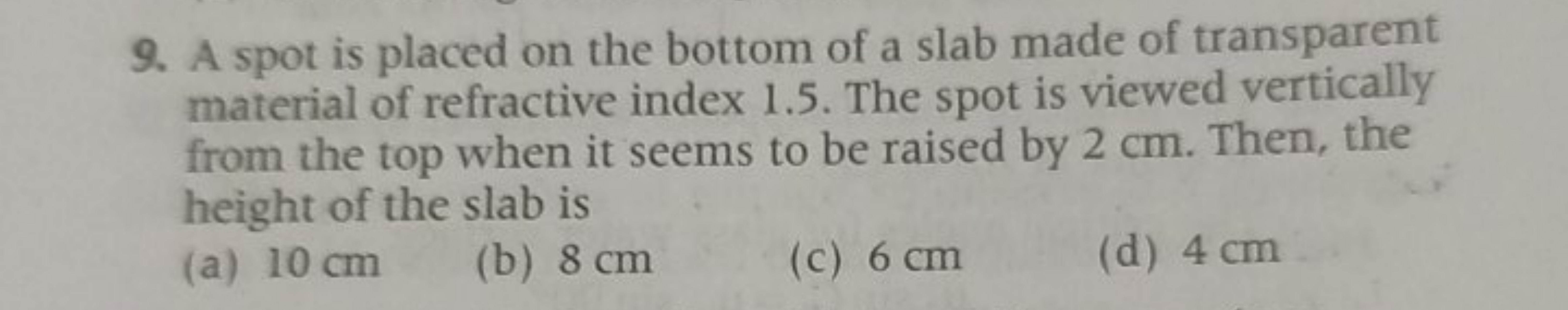 9. A spot is placed on the bottom of a slab made of transparent materi