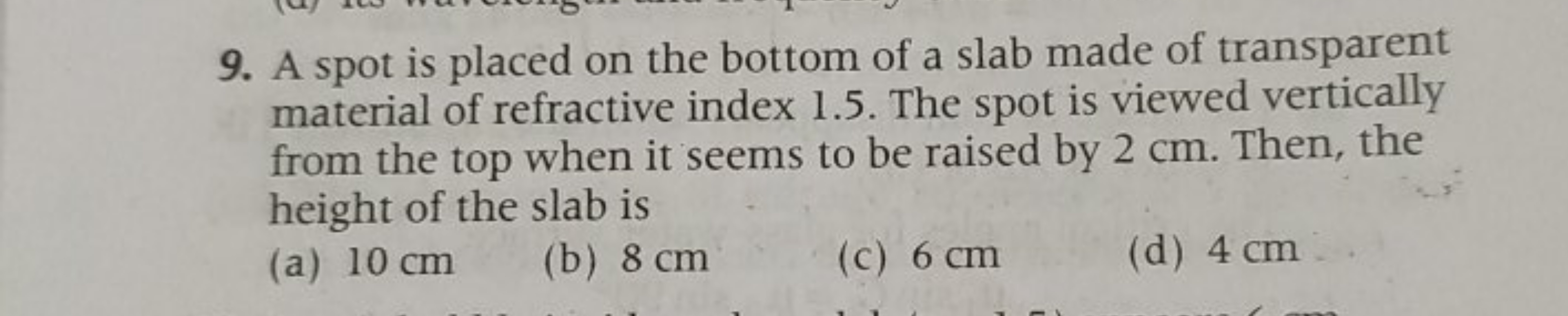 9. A spot is placed on the bottom of a slab made of transparent materi