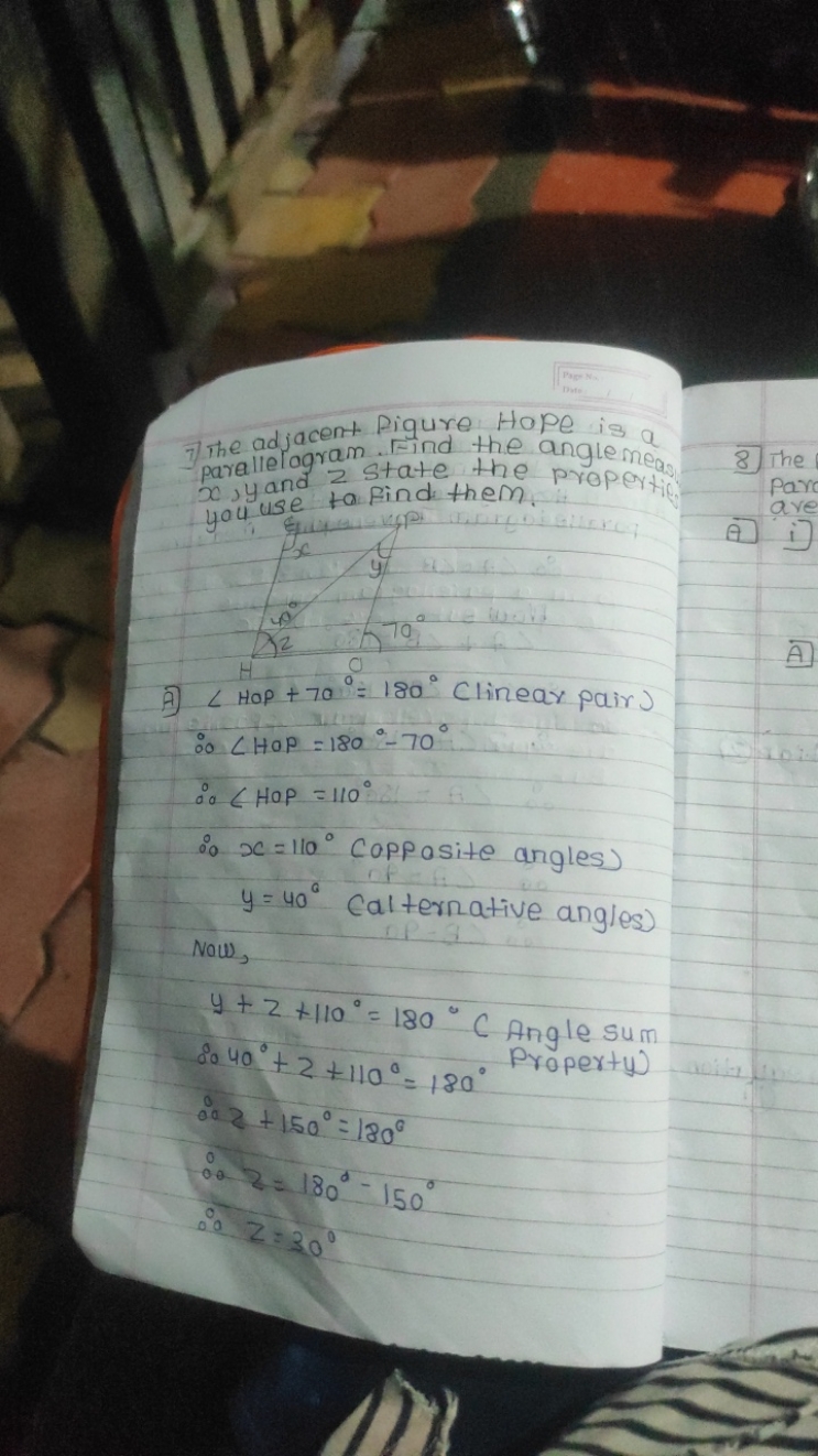 Pare
Date:
7 The adjacent figure Hope is a parallelogram. Find the ang