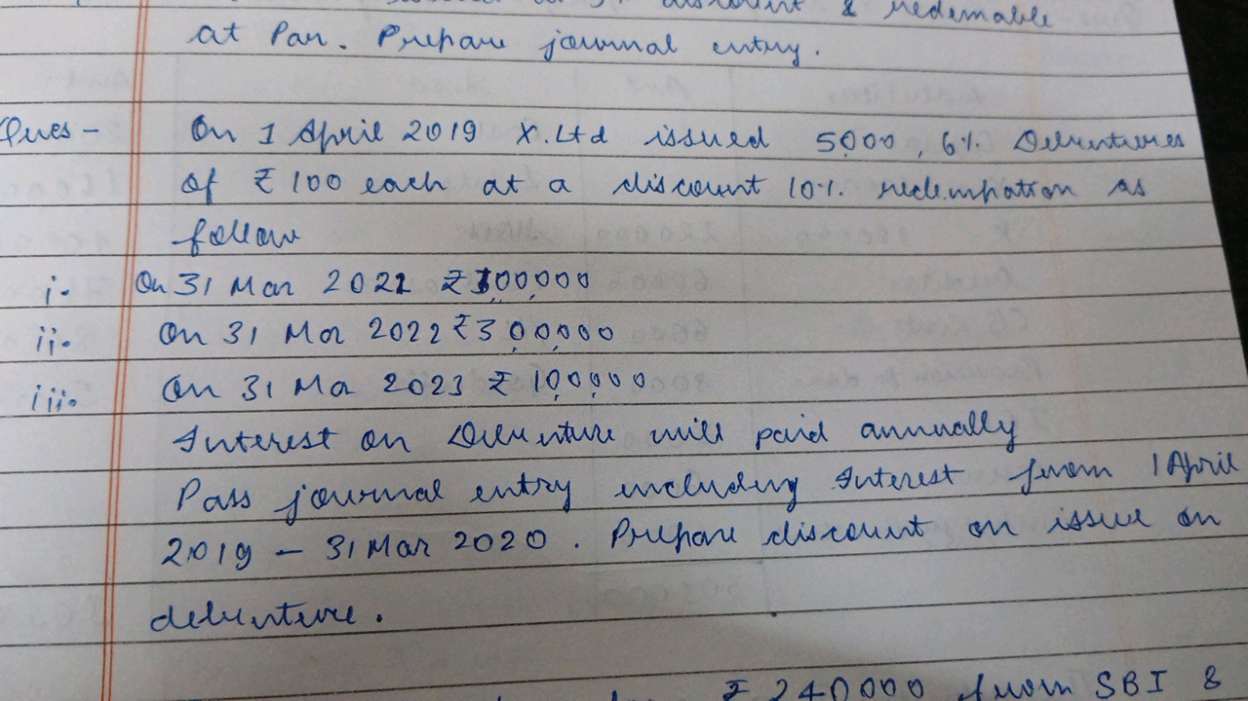 at Par. Prepare jormmal entry.
Ques - On 1 April 2019×.4+d issued 5000