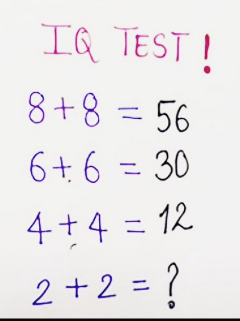 IQ TEST!
8+8=566+6=304+4=122+2=?​