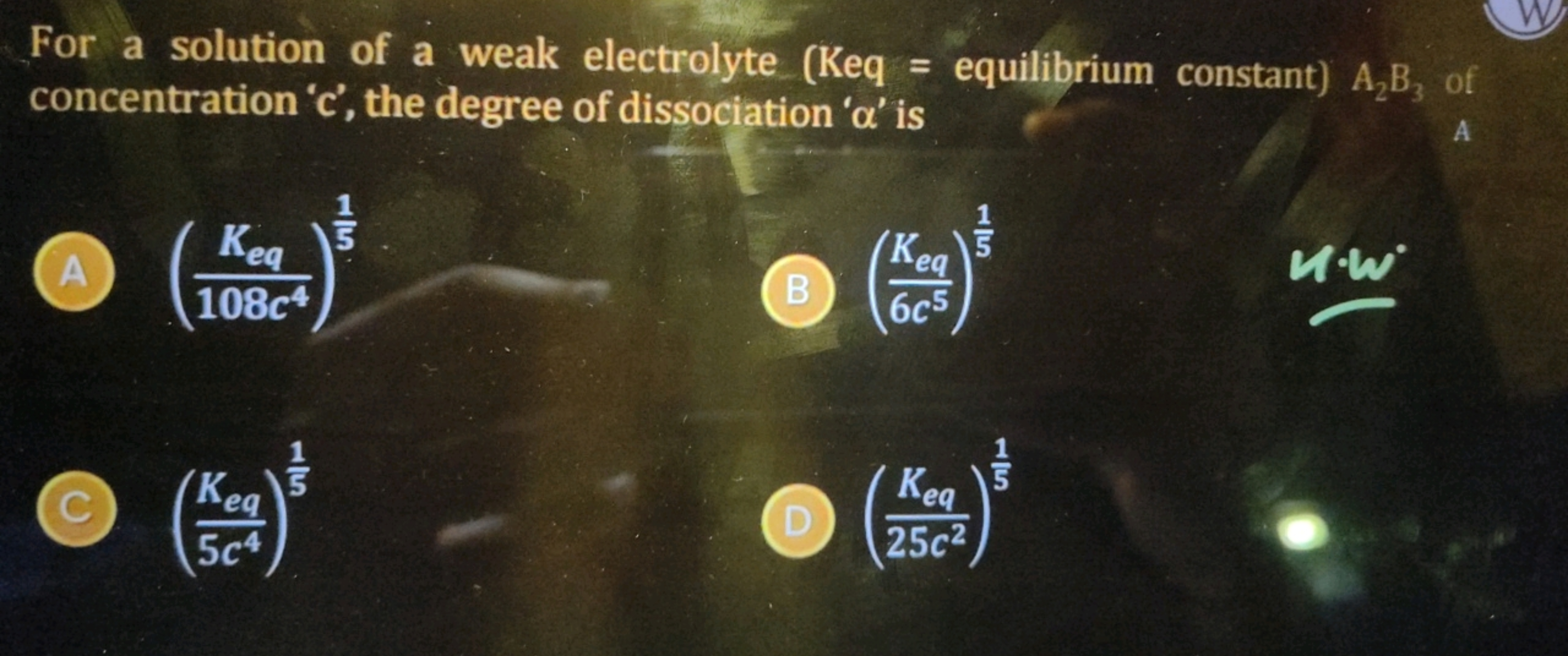 For a solution of a weak electrolyte ( Keq= equilibrium constant) A2​ 