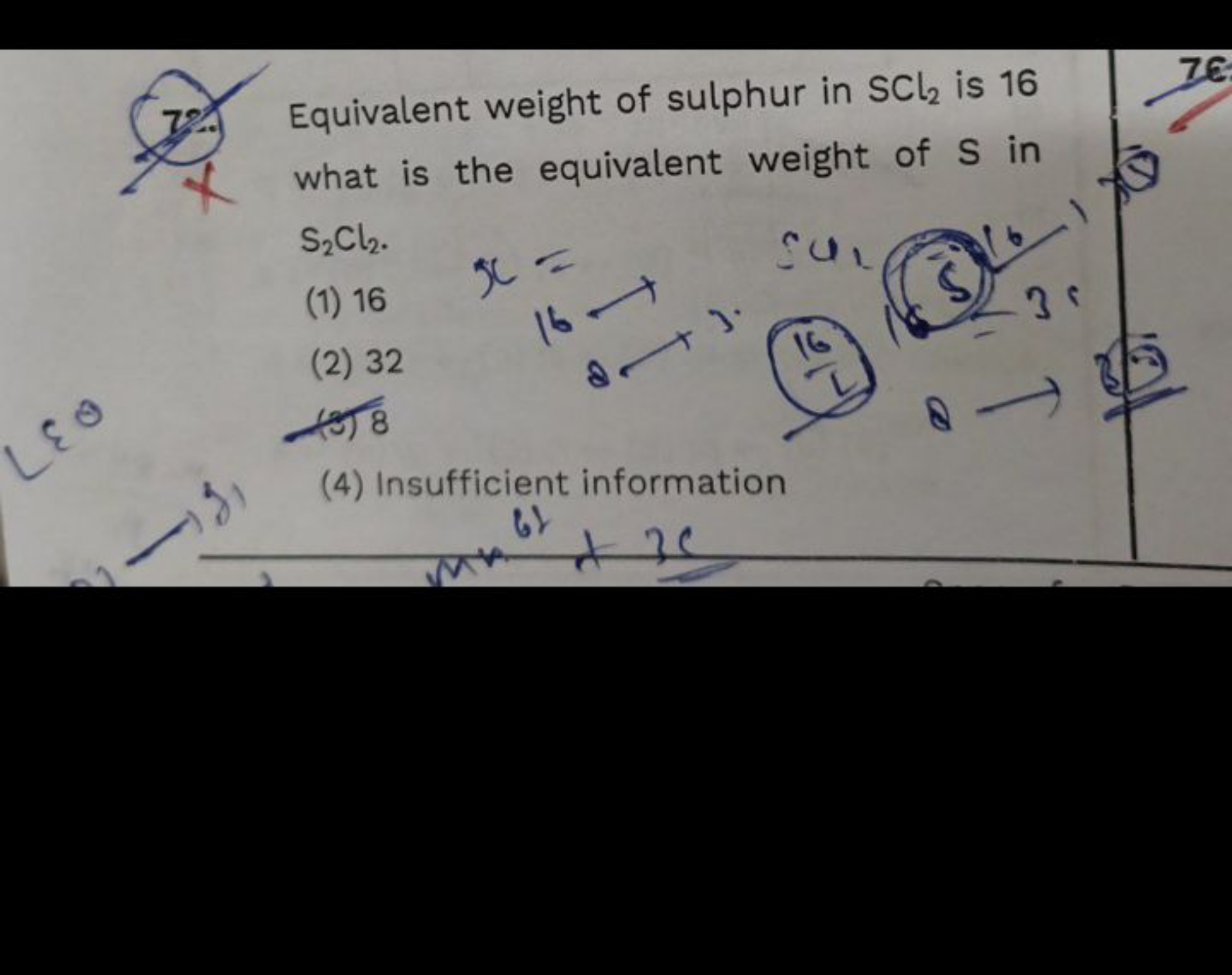 72. Equivalent weight of sulphur in SCl2​ is 16 what is the equivalent