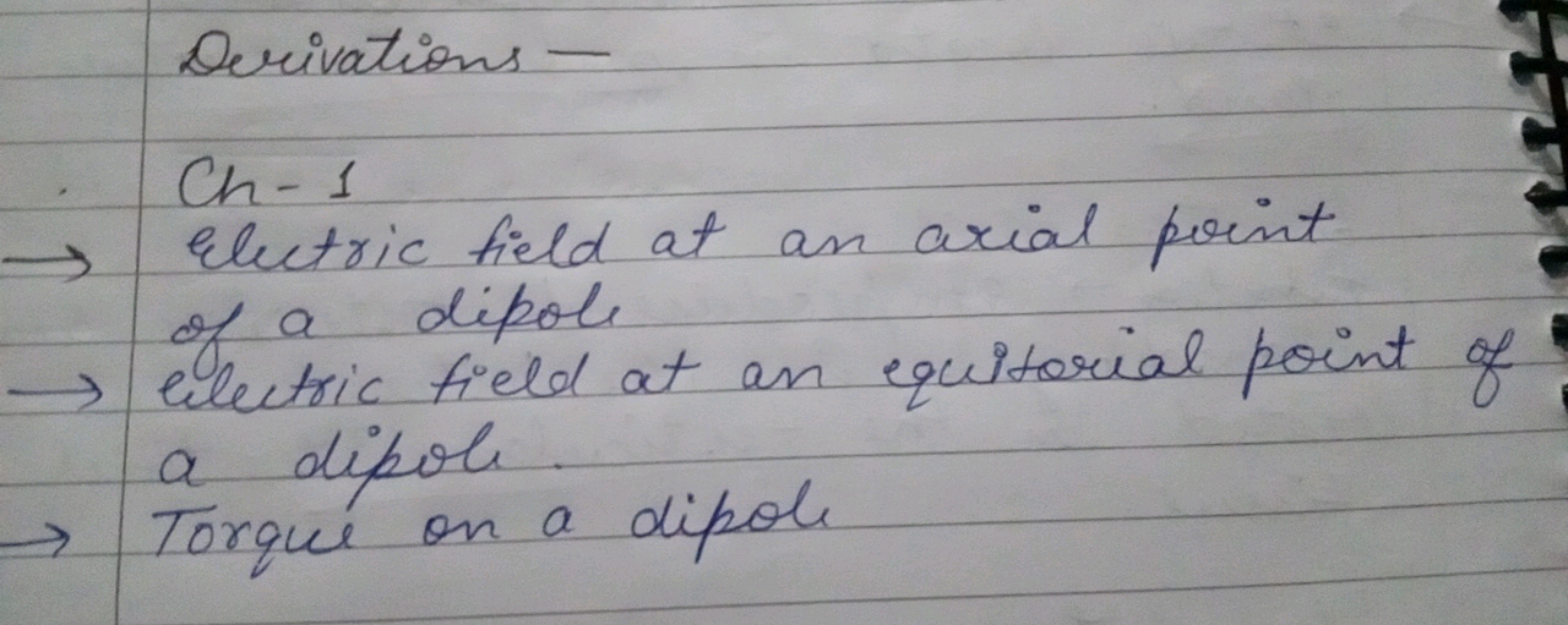 Derivations -
Ch−1
→ Electric field at an axial point of a dipole
→ el