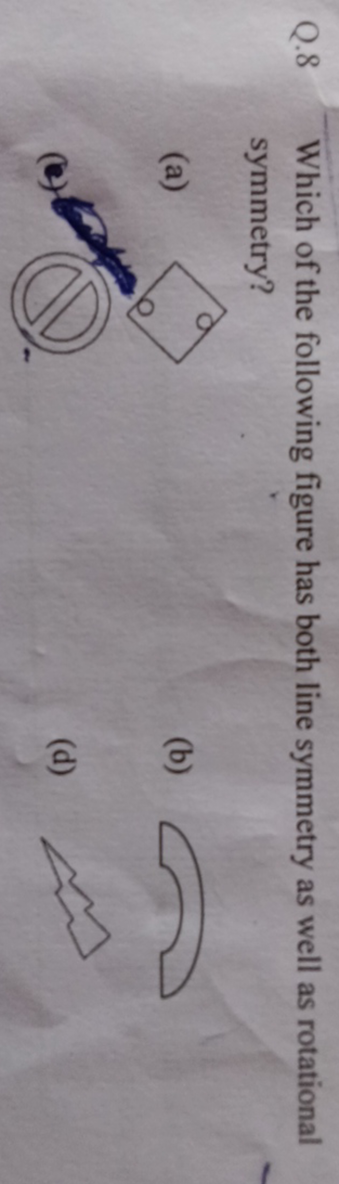 Q. 8

Which of the following figure has both line symmetry as well as 