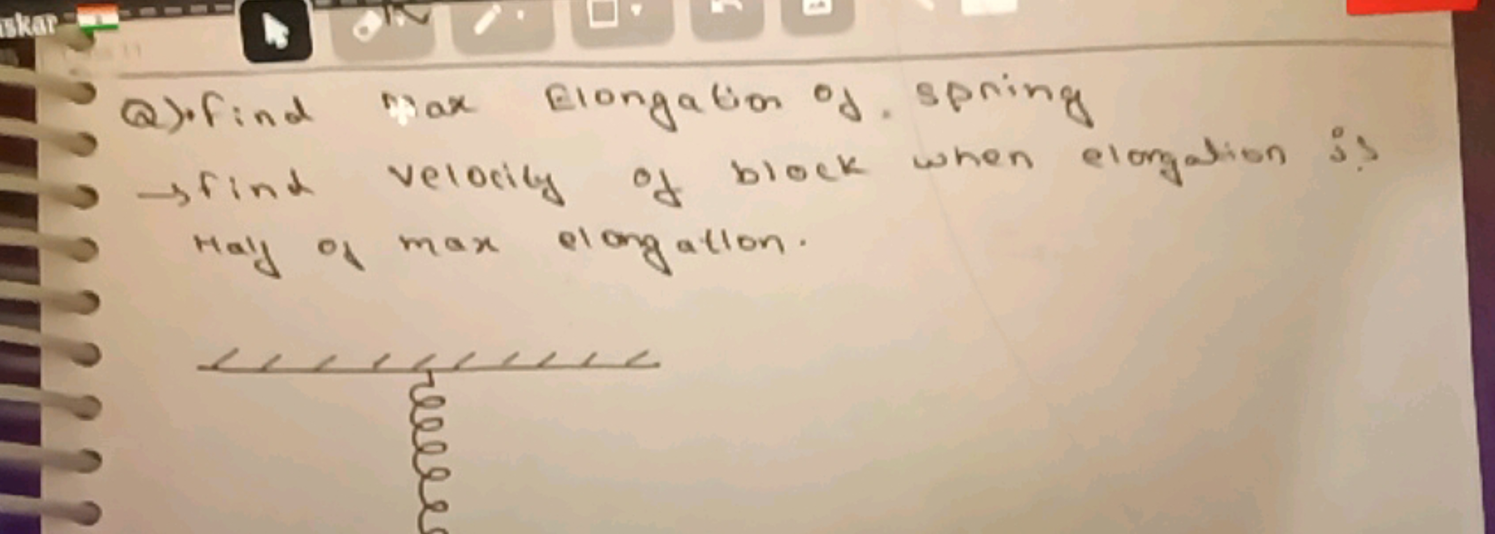 Q). Find Max Elongation of spring
→ find velocity of block when elonga