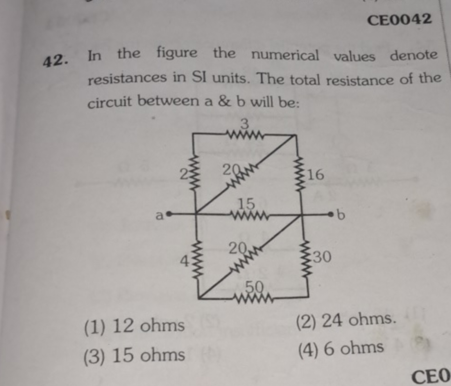 CE0042
42. In the figure the numerical values denote resistances in SI