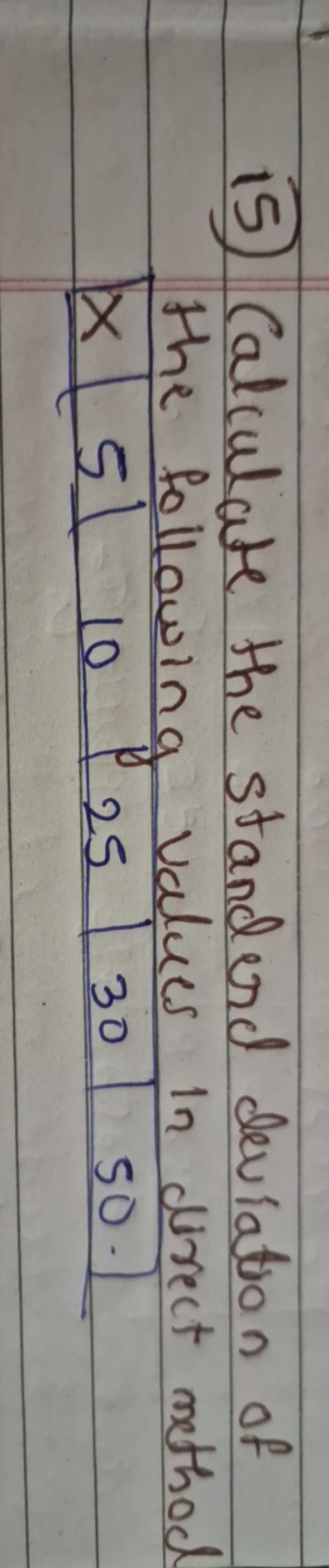 15) Calculate the standerd deviation of the following values in direct