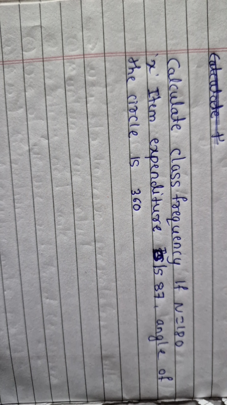 Calculate class frequency if N=180 x ' Item expenditure 87 , angle of 