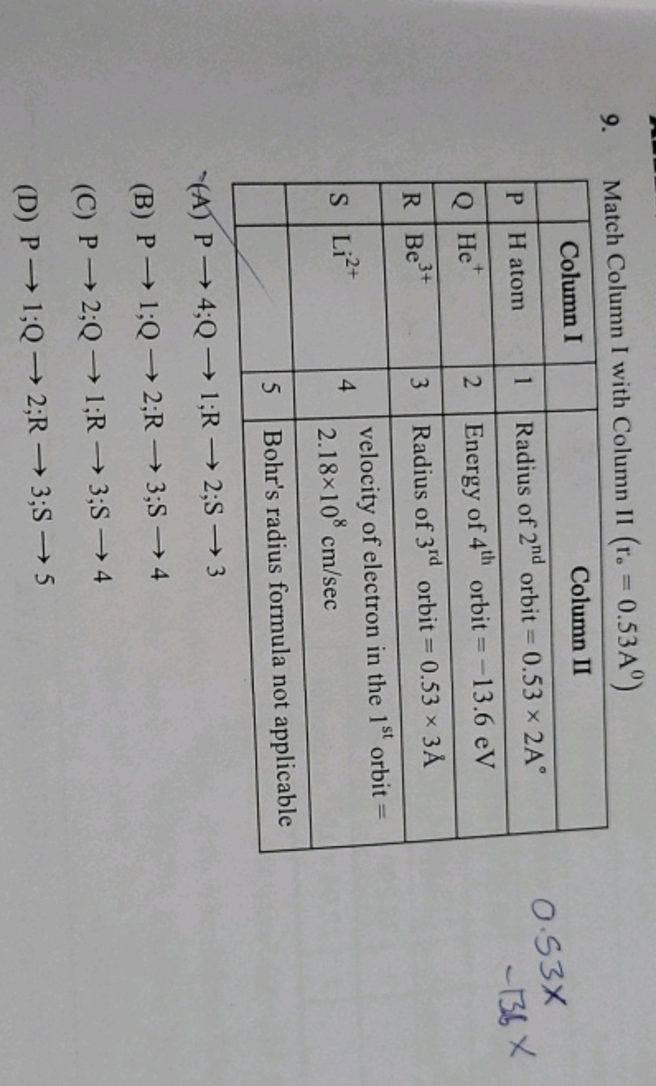 9. Match Column I with Column II (r0​=0.53 A0)
Column IColumn IIPH ato