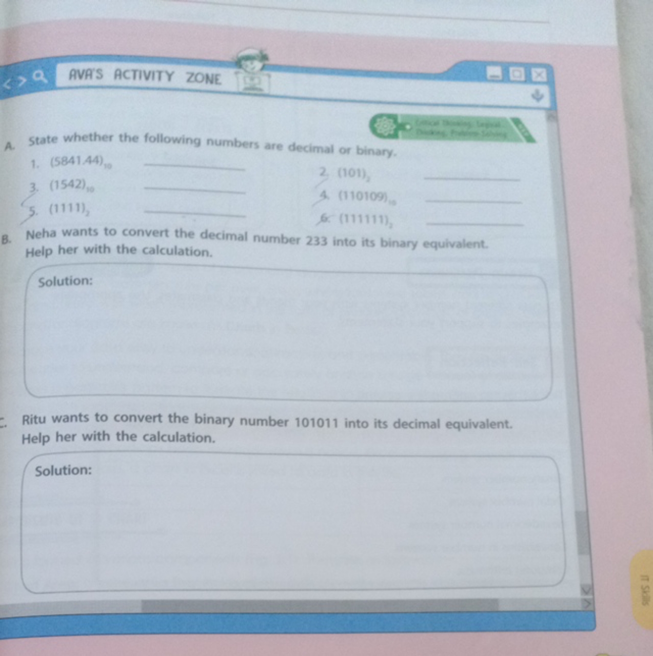 AVA'S ACTIVITY ZONE
A. State whether the following numbers are decimal