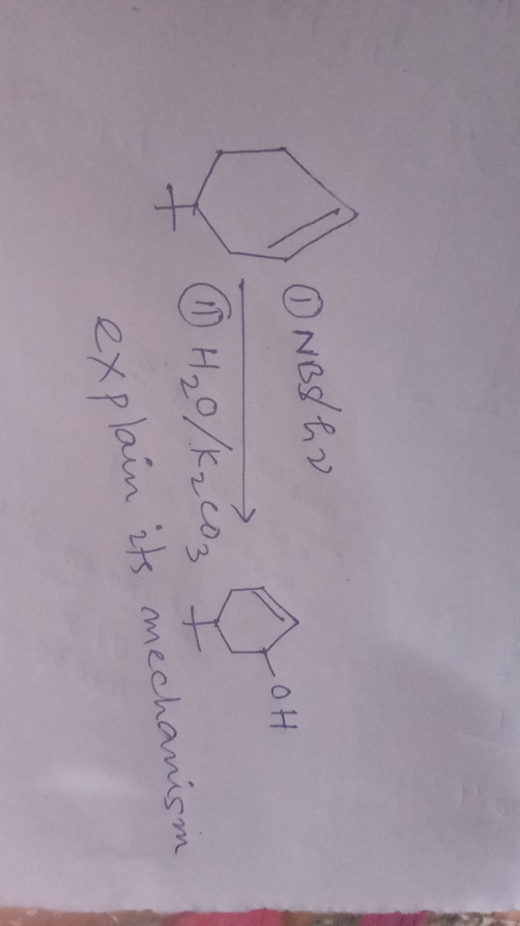 (1) NBSh ν
 (11) H2​O/K2​CO3​​
O[C]1C=CC[C-]C1
explain its mechanism