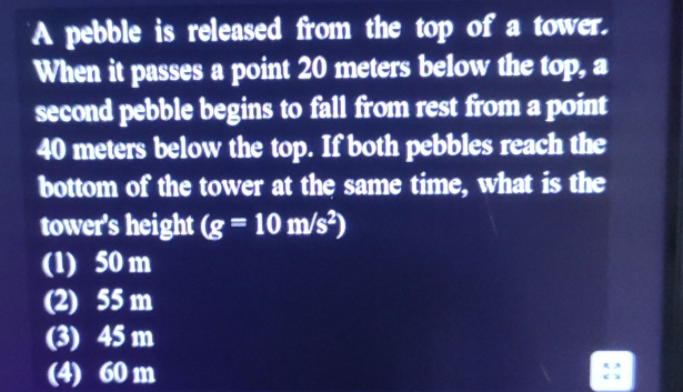 A pebble is released from the top of a tower. When it passes a point 2