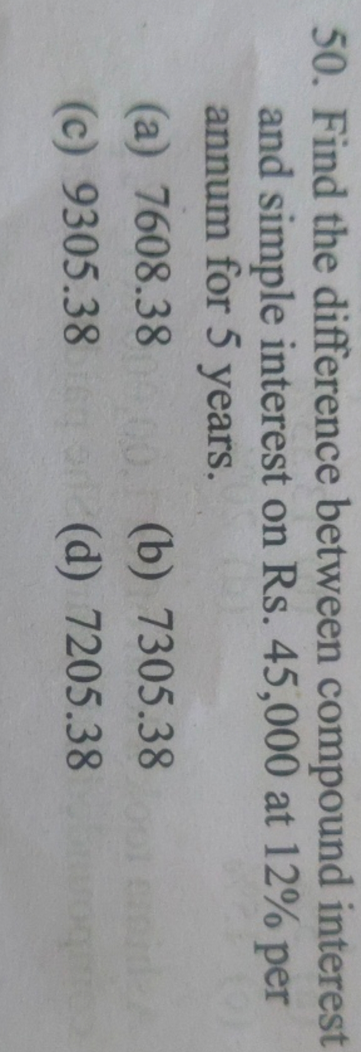 50. Find the difference between compound interest and simple interest 