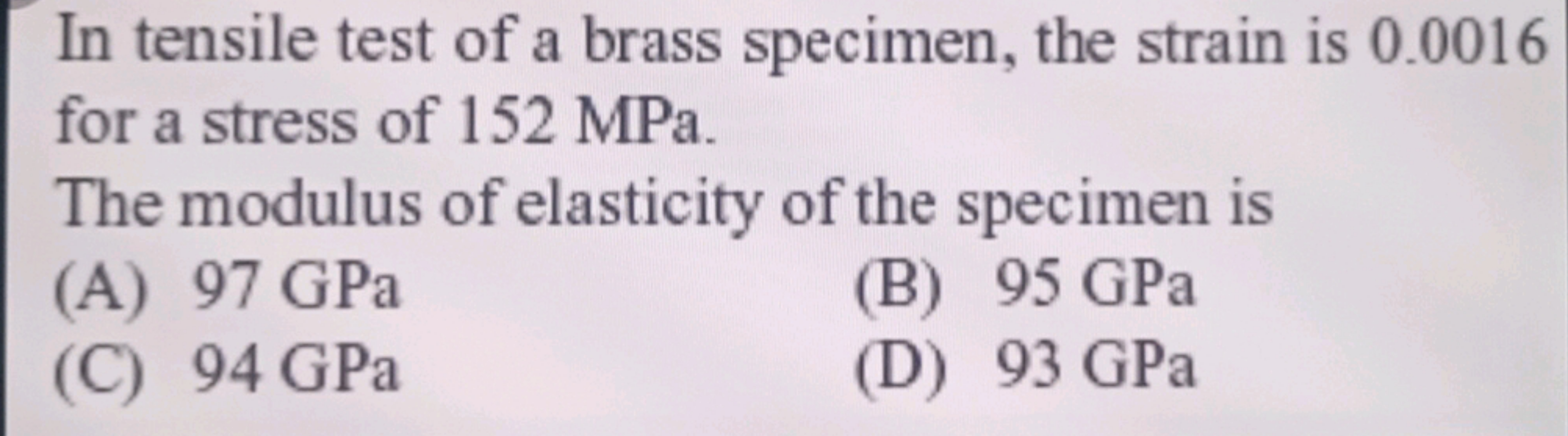 In tensile test of a brass specimen, the strain is 0.0016 for a stress