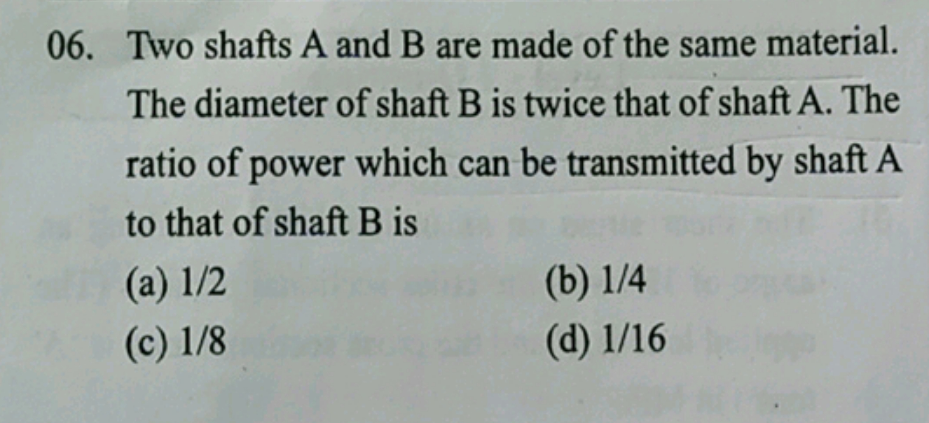 06. Two shafts A and B are made of the same material. The diameter of 