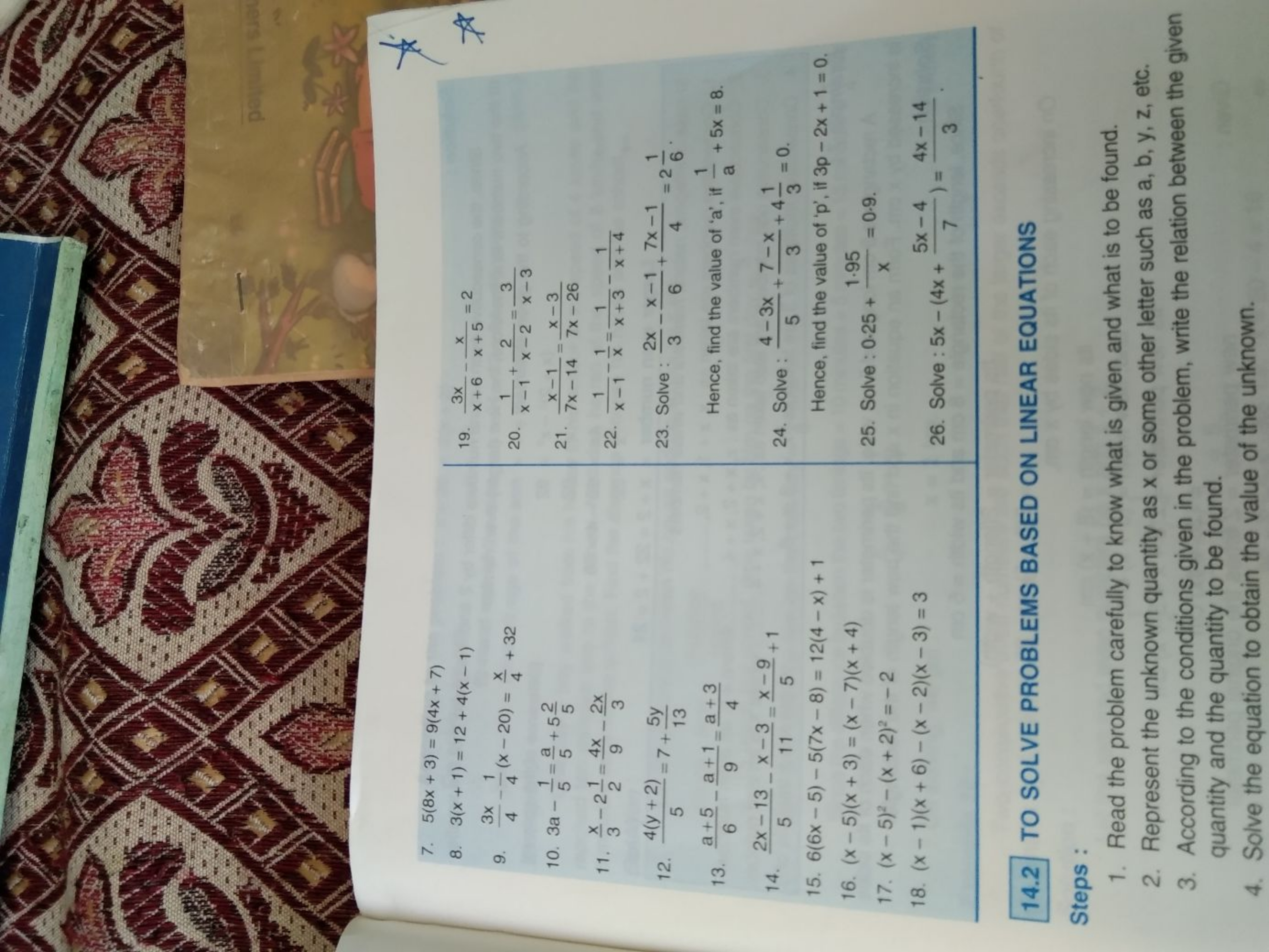 7. 5(8x+3)=9(4x+7)
8. 3(x+1)=12+4(x−1)
19. x+63x​−x+5x​=2
9. 43x​−41​(