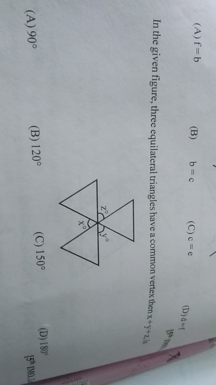 (A) f=b
(B) b=c
(C) c=e
(D) d=q

In the given figure, three equilatera