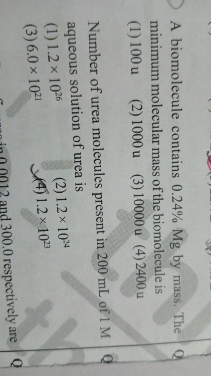 A biomolecule contains 0.24%Mg by mass. The minimum molecular mass of 