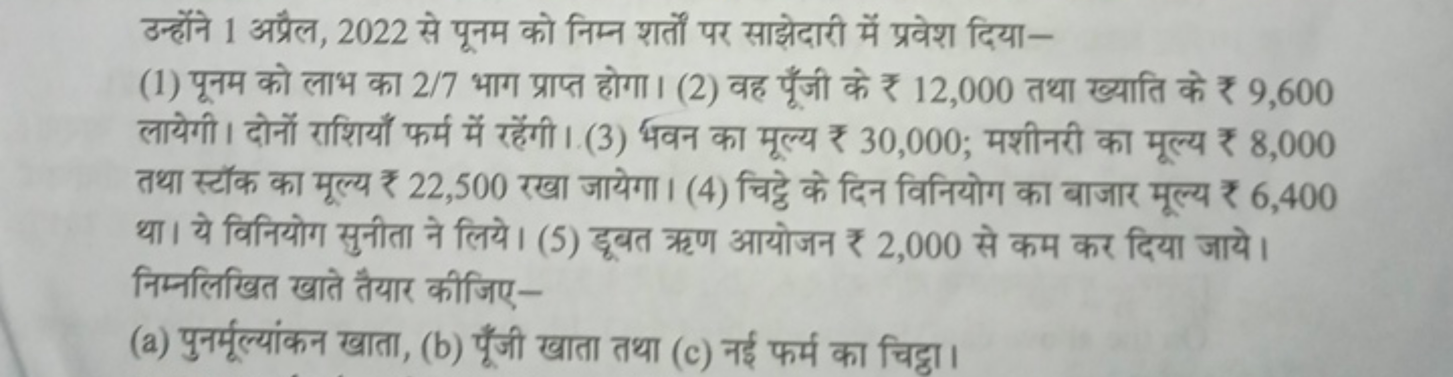 उन्होंने 1 अप्रैल, 2022 से पूनम को निम्न शर्तों पर साझेदारी में प्रवेश