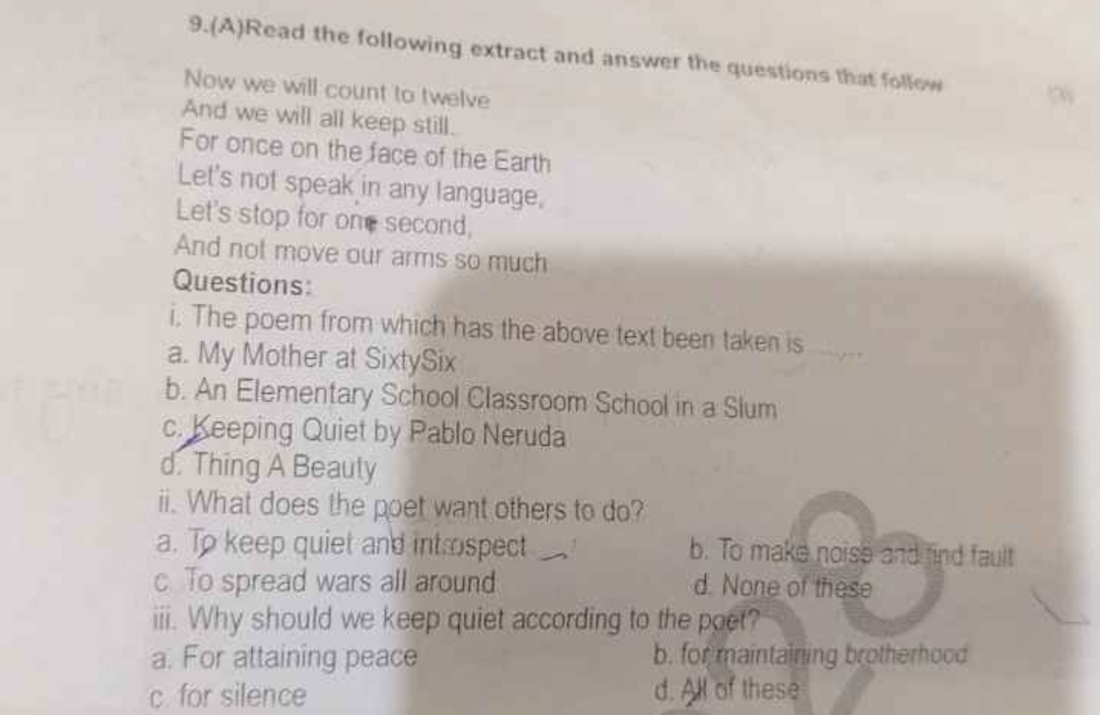 9.(A)Read the following extract and answer the questions that follow

