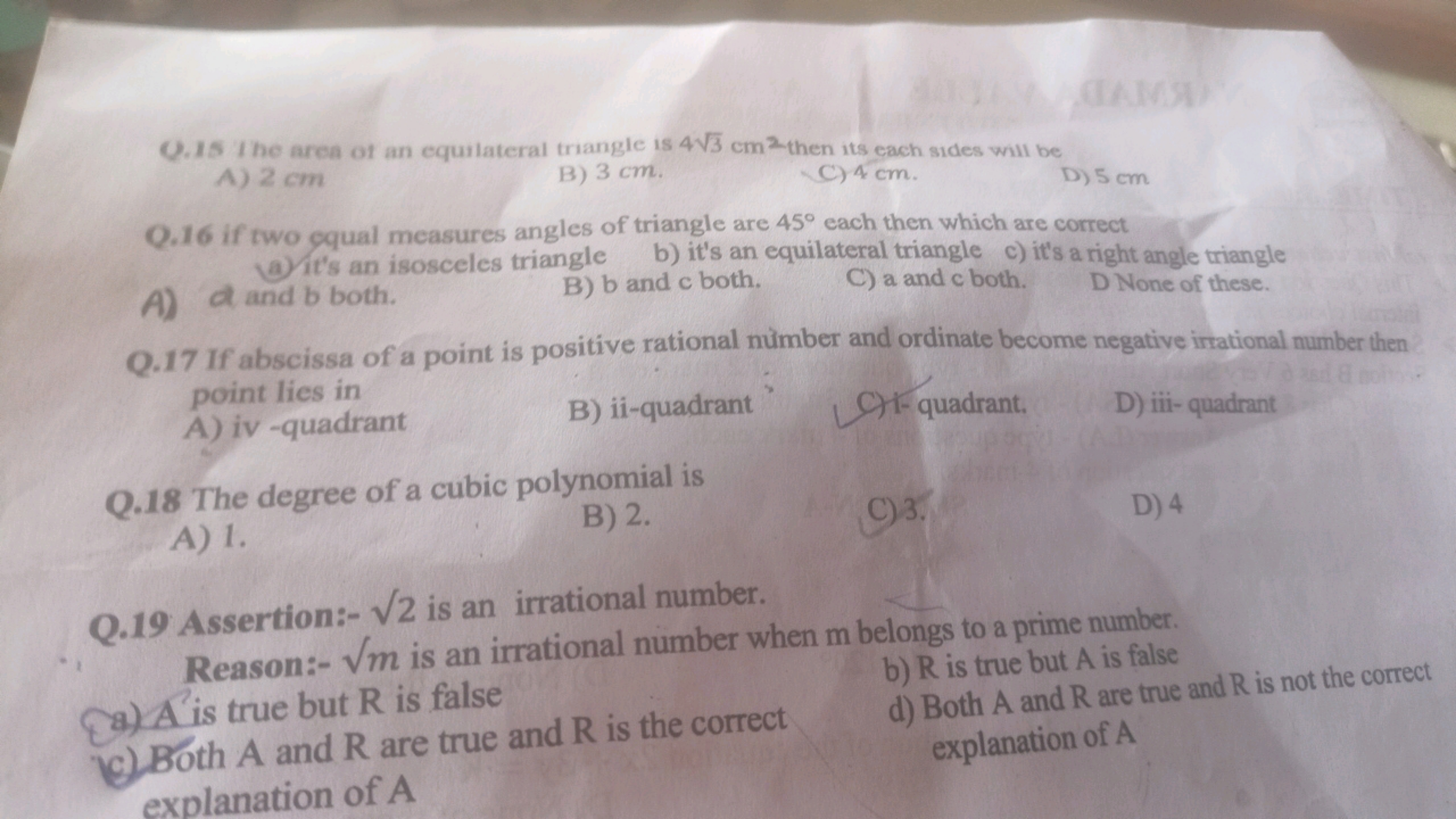 Q.15 The area of an equilateral triangle is 4√3 cm2-then its each side