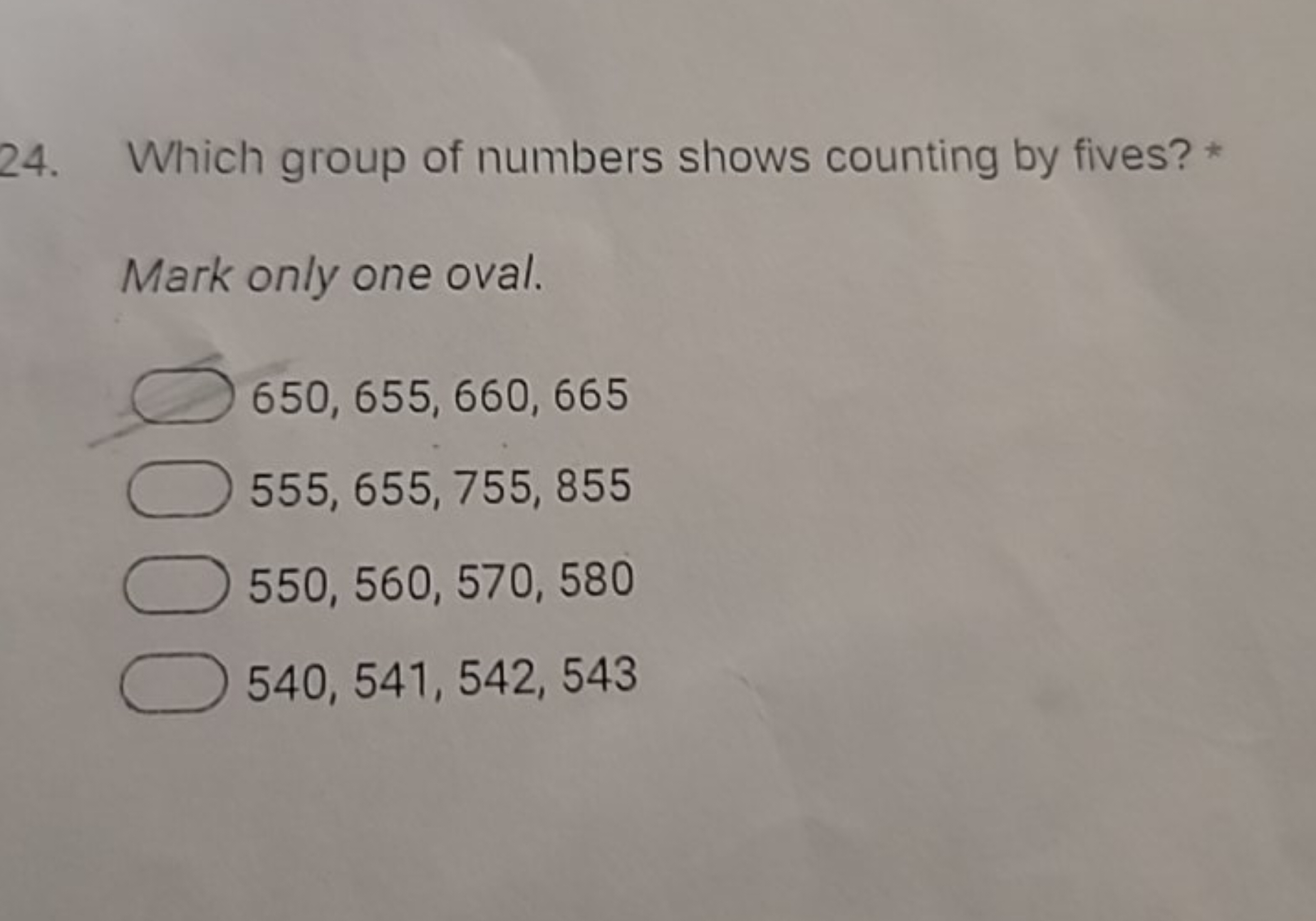 24. Which group of numbers shows counting by fives? *

Mark only one o