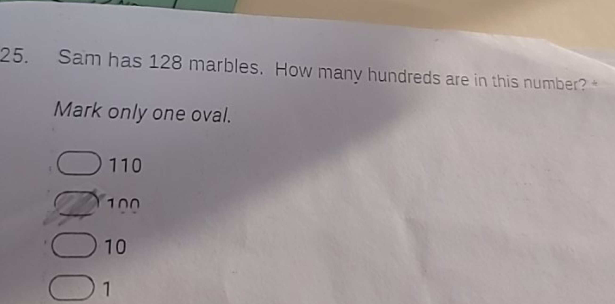 25. Sam has 128 marbles. How many hundreds are in this number? +

Mark