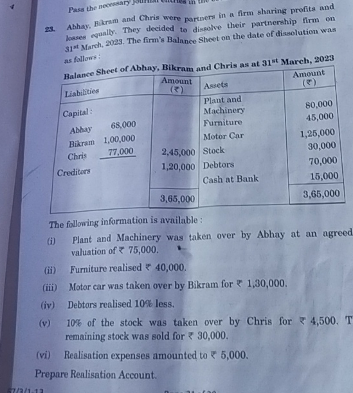 Pass the necessary
23. Abhay, Bikram and Chris were partners in a firm