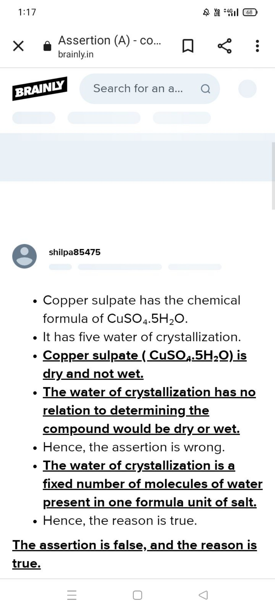 1:17
BRMN\
Search for an a...
shilpa85475
- Copper sulpate has the che