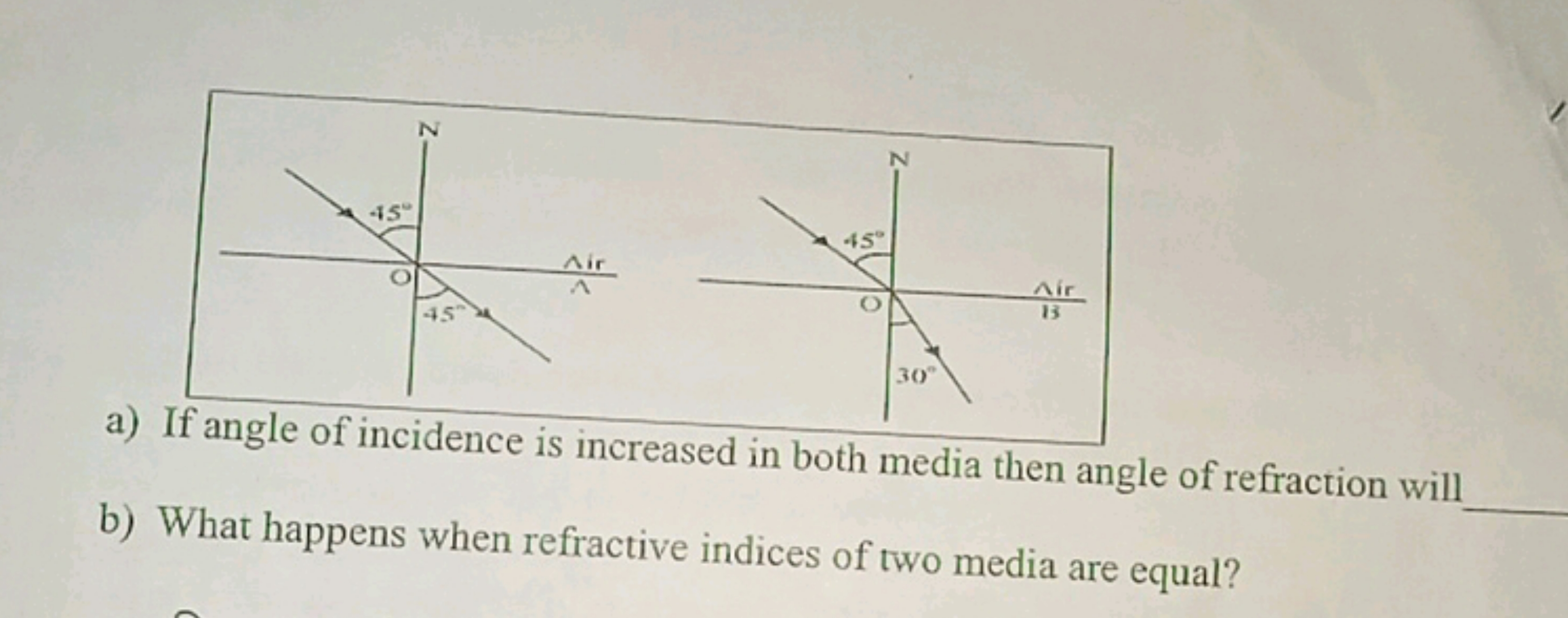 
a) If angle of incidence is increased in both media then angle of ref