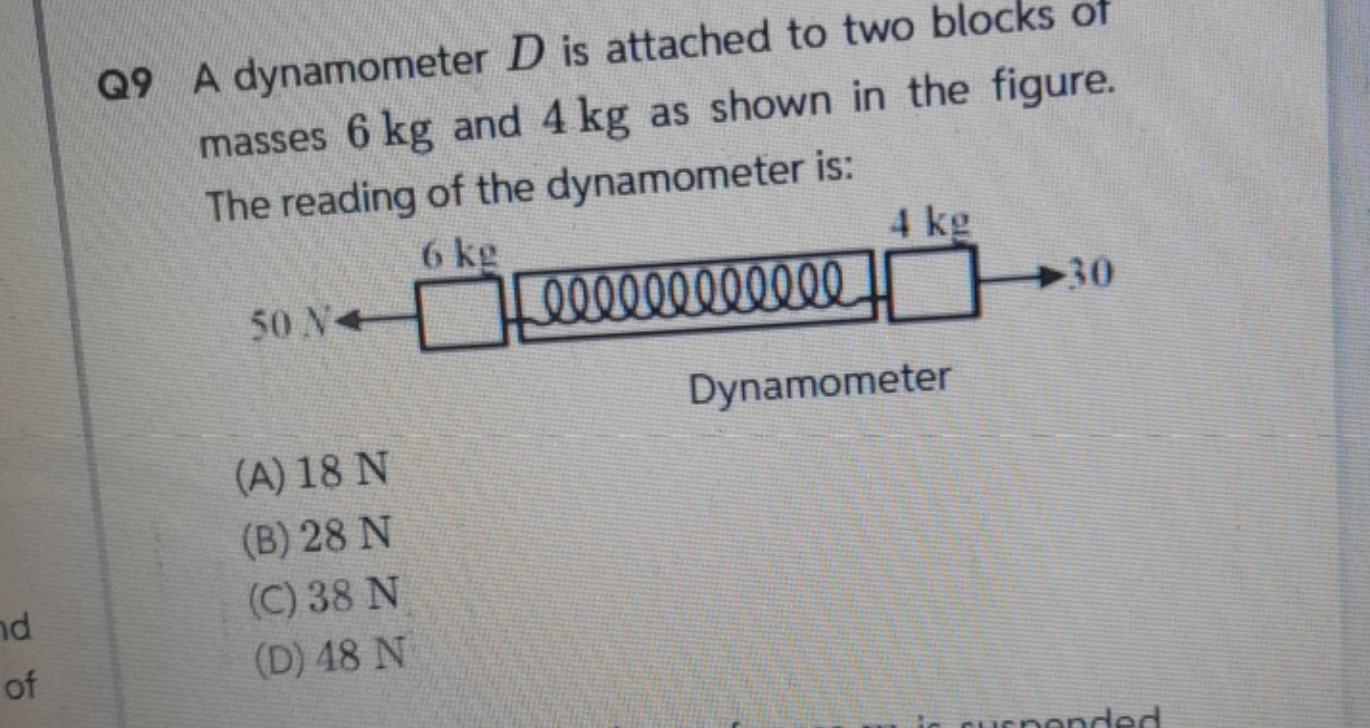 Q9 A dynamometer D is attached to two blocks of masses 6 kg and 4 kg a