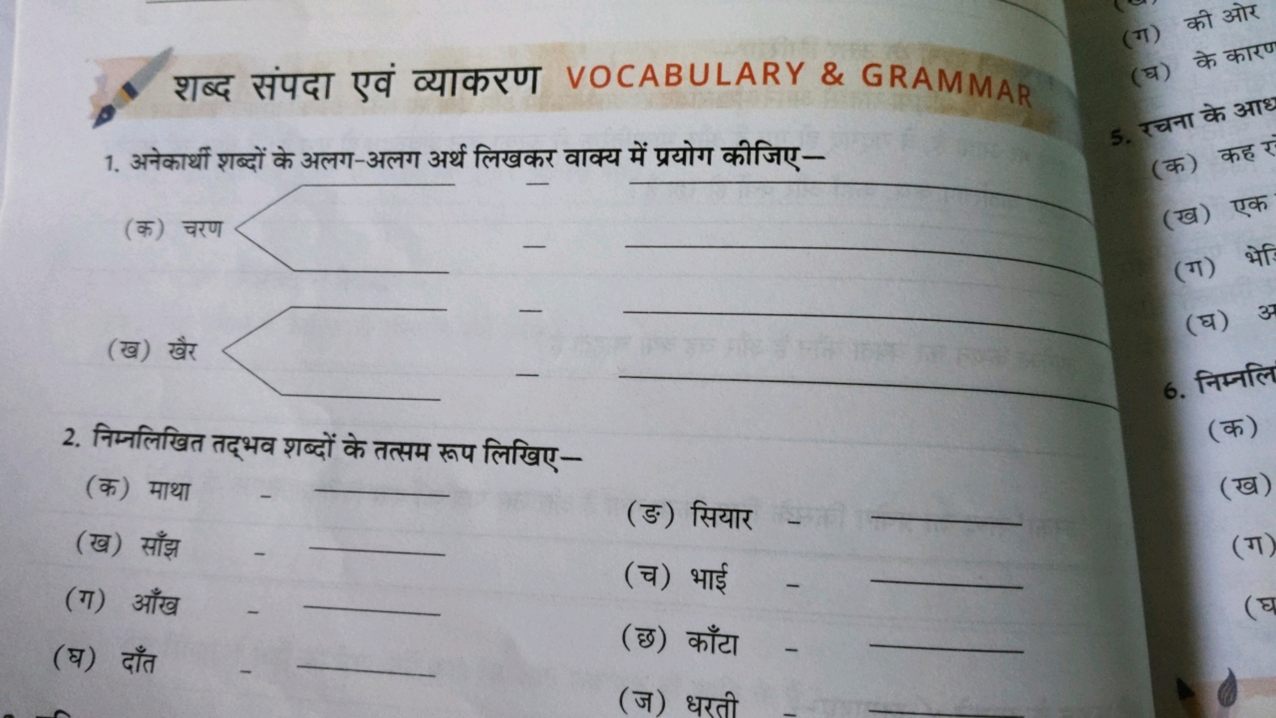 शब्द संपदा एवं व्याकरण VOCABULARY \& GRAMMAR
1. अनेकार्थी शब्दों के अल