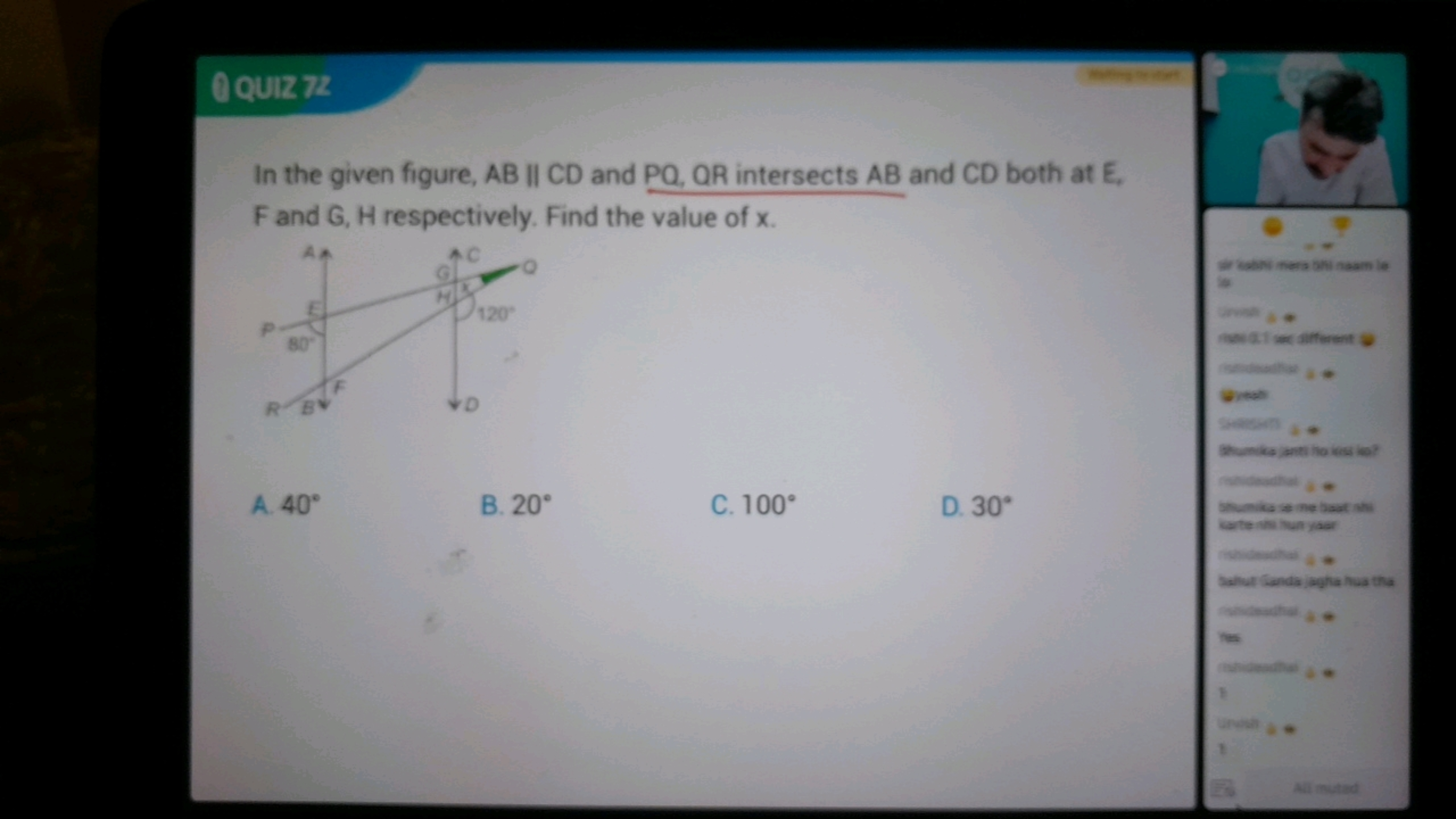 QQuIz 72

In the given figure, AB∥CD and PQ,QR intersects AB and CD bo