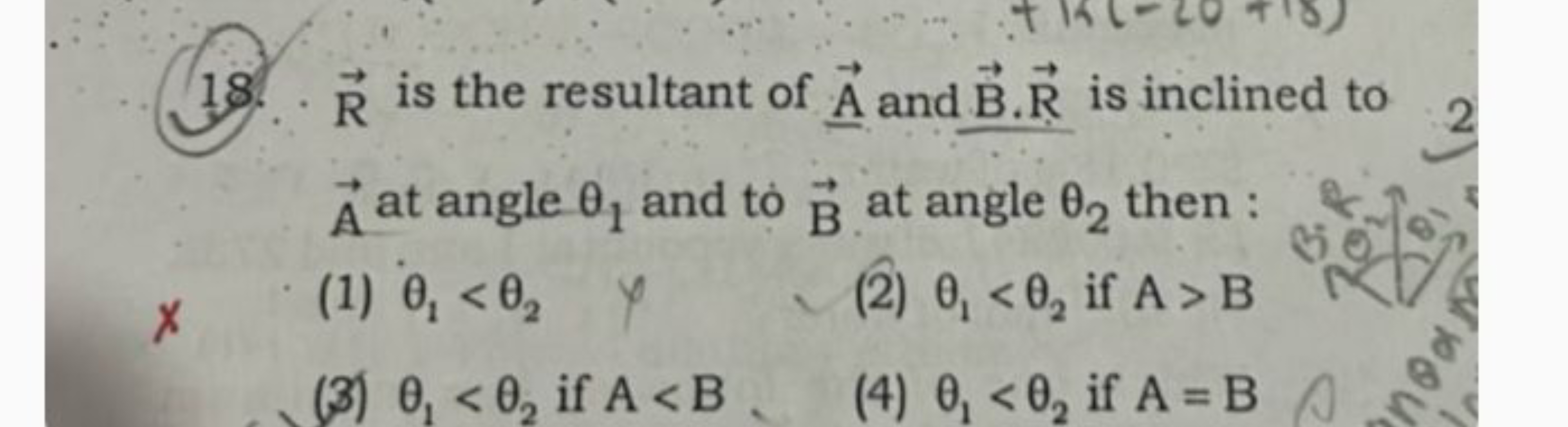 18. R is the resultant of A and B⋅R is inclined to A at angle θ1​ and 